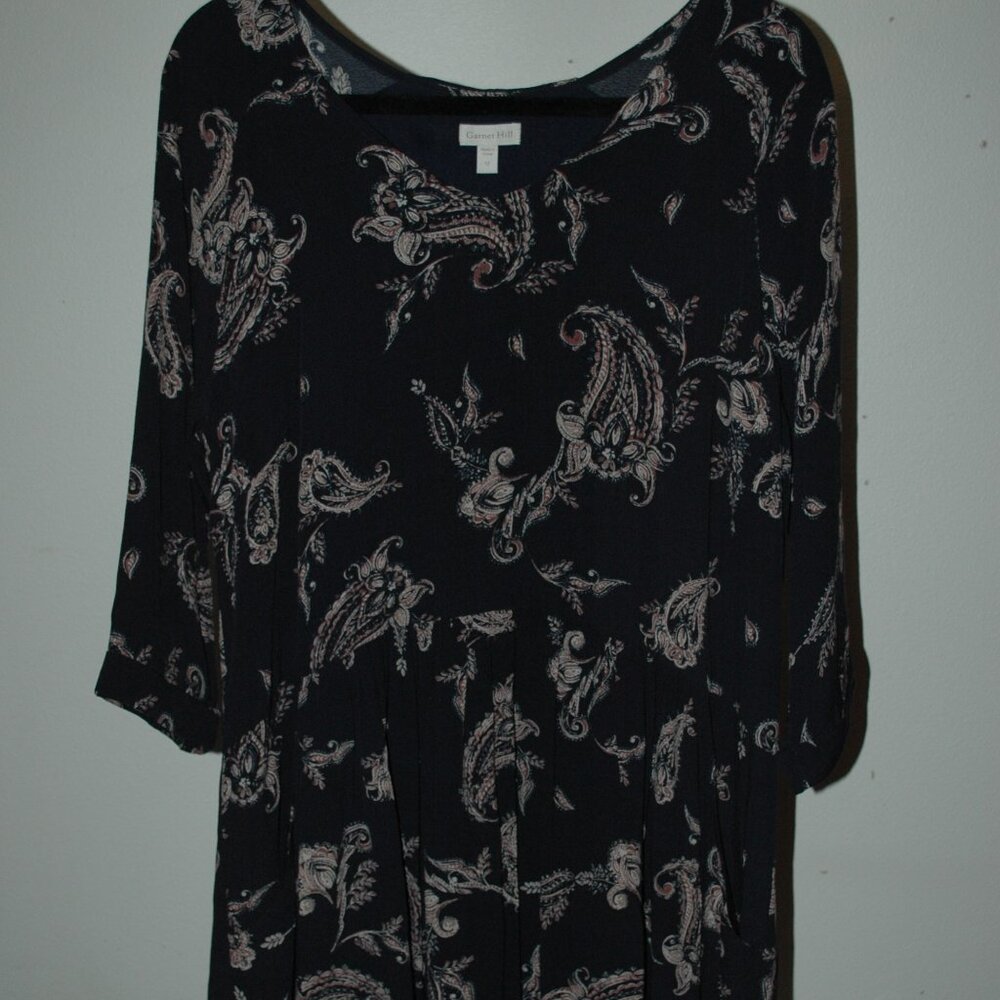 Garnet Hill Black Paisley Midi Dress Size 12 – Flowy Boho Long Sleeve & Pockets